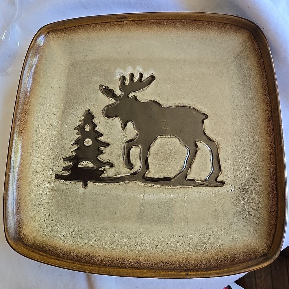 Home Studio Woodland 11" Large Square Etched Moose/Pine Dinner Plate #BxHH-2